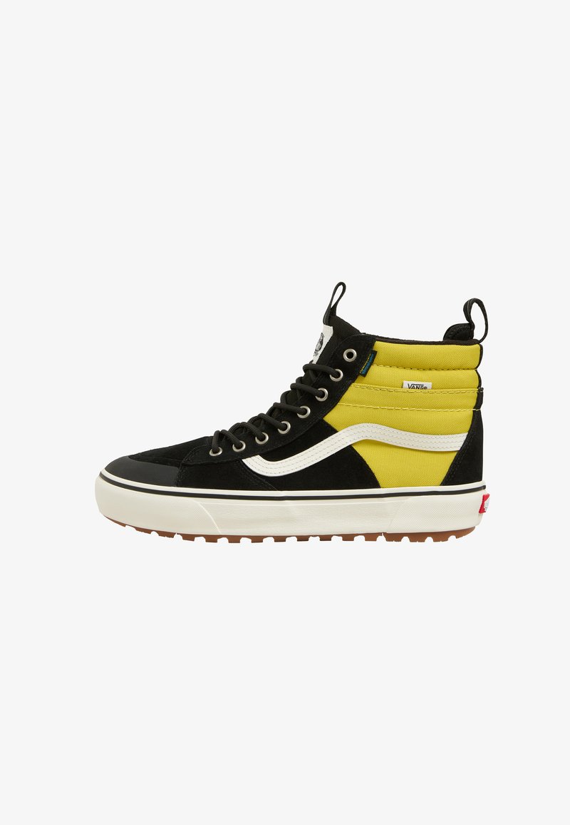 Black and yellow high-top sneakers with a suede and canvas upper, contrasting white side stripe, and rubber sole with grip pattern.