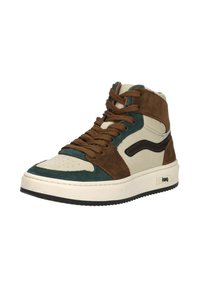 Hoge sneakers van een combinatie van crèmekleurig leer en bruine, groene en tan suède. Voorzien van ronde veters en een structuur rubberen zool.