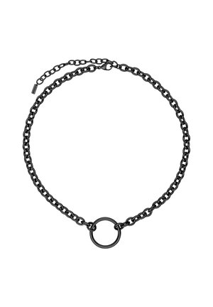 Schwarze Metallkette mit ineinandergreifenden Gliedern und einem runden Ringanhänger in der Mitte, ausgestattet mit einem Karabinerverschluss und verstellbarer Länge.