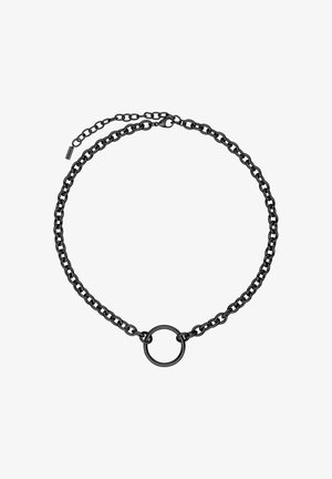 Schwarze Metallkette mit ineinandergreifenden Gliedern und einem runden Ringanhänger in der Mitte, ausgestattet mit einem Karabinerverschluss und verstellbarer Länge.