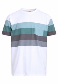 Striped t-shirt in white, teal, and gray. Features a round neck and a chest pocket in a matching teal color. Soft cotton material.
