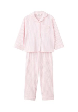 Haut de pyjama à manches longues rose clair avec boutons, poche poitrine et pantalon long assorti, tous deux à fines rayures verticales.