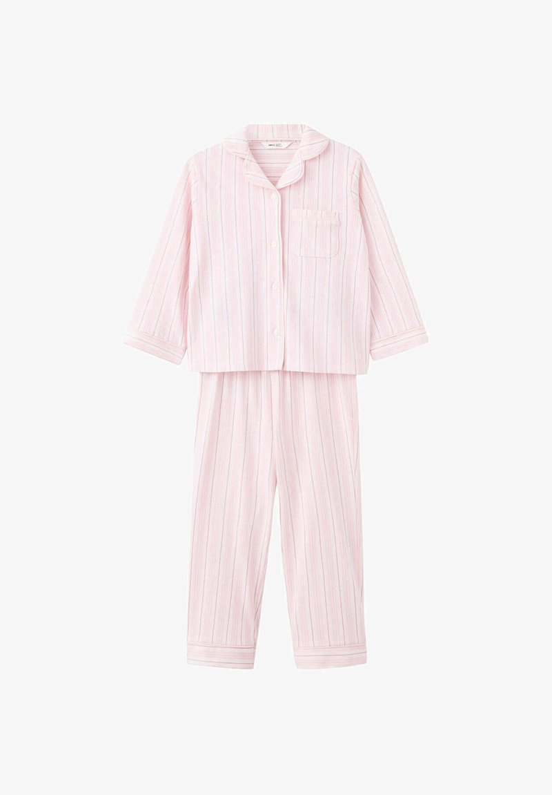 Haut de pyjama à manches longues rose clair avec boutons, poche poitrine et pantalon long assorti, tous deux à fines rayures verticales.