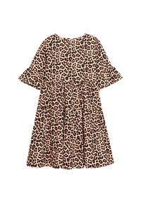 Leopardenmuster-Kleid in einem beige-schwarzen Farbschema, mit Rüschenschultern, einem gestuften Rock und einem runden Ausschnitt mit einem Reißverschluss auf der Rückseite.