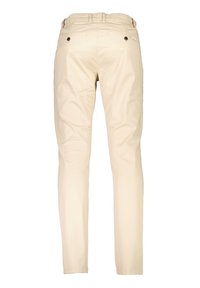 Pantalon beige slim-fit vu de dos avec passants pour ceinture et deux poches passepoilées boutonnées.