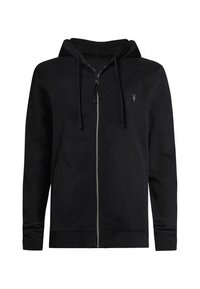 Camisola com capuz e fecho de correr preta, feita de tecido macio, com capuz forrado, cordões, punhos canelados e um logótipo discreto no peito.