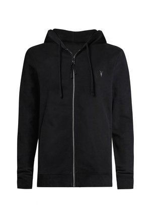 Schwarzer Kapuzenpullover mit Reißverschluss aus weichem Stoff, mit gefütterter Kapuze, Kordelzug, gerippten Bündchen und einem dezenten Logo auf der Brust.