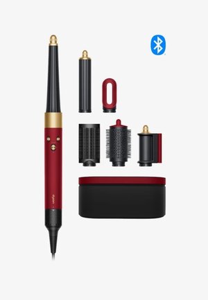 Strumento per l'acconciatura con sei accessori staccabili e una custodia, mostrato su sfondo bianco con un simbolo Bluetooth.