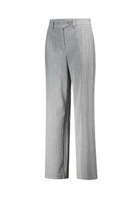 Pantaloni grigi con righe verticali argentate, caratterizzati da un design a gamba dritta, vita standard e chiusura con un solo bottone.