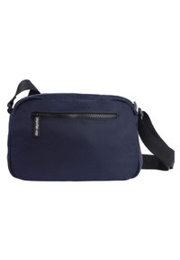Bolso bandolera azul marino hecho de tela duradera, con un bolsillo delantero con cremallera, correa ajustable y un diseño liso y estructurado.