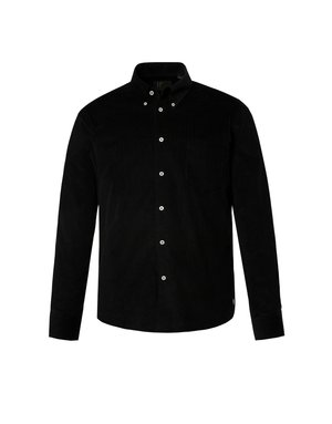 Zwarte corduroy blouse met lange mouwen, button-down kraag, voorkwab en witte knoopaccenten. Zachte textuur, nauwkeurig ontwerp.