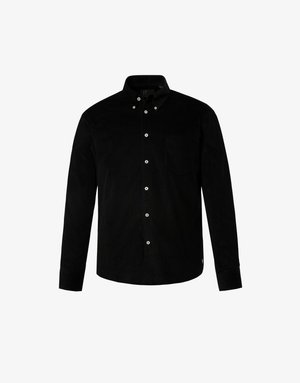 Sort fløjlsskjorte med lange ærmer, knap-ned krave, frontlomme og hvide knapdetaljer. Blød tekstur, skræddersyet design.