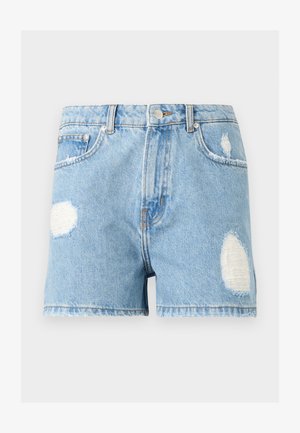 Hele sinised teksaseelikud kõrge vöökohaga, nööpkinnitusega, esikülje taskutega ja kulunud detailidega esiküljel ja külgedel.