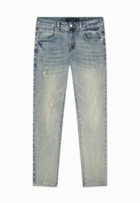Lichtblauwe distressed jeans met een rechte snit, voorzien van vervaagde gedeelten en rafelige stukken. Gemaakt van denim met een standaard vijf-pocketdesign.