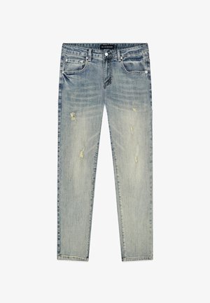 Lichtblauwe distressed jeans met een rechte snit, voorzien van vervaagde gedeelten en rafelige stukken. Gemaakt van denim met een standaard vijf-pocketdesign.
