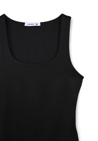 Czarny bezrękawnik wykonany z gładkiego materiału, z kwadratowym dekoltem i minimalnymi szwami. Metka głosi "Terranova", rozmiar mały.