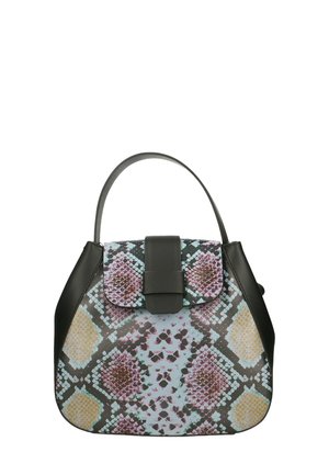 Gestructureerde handtas met een zwarte leren rand en een kleurrijk slangenpatroon in roze, geel en blauw, voorzien van een bovenklep en handvat.