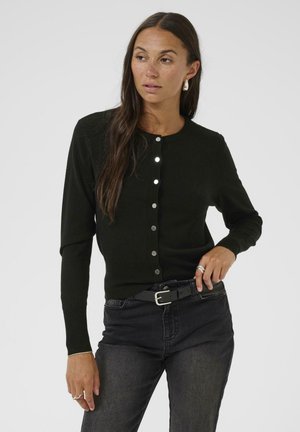 Black cardigan made of soft knit fabric, featuring a round neckline, long sleeves, and silver button closures down the front.