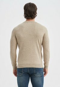 Un homme vu de dos portant un pull à manches longues beige et un jeans bleu sur fond blanc uni.