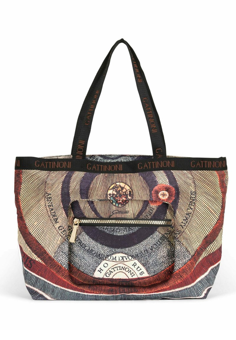 Borsa tote con un design circolare multicolore, dotata di una tasca frontale con zip e manici intrecciati neri con il marchio "GATTINONI".