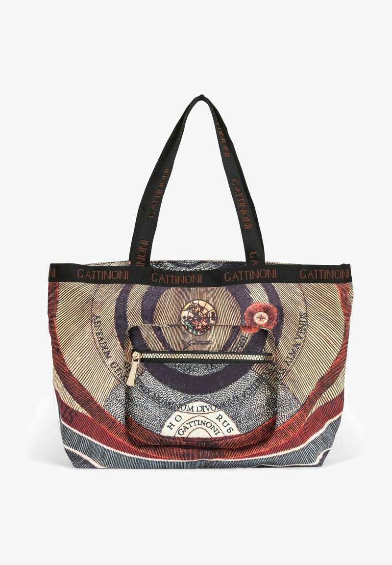 Borsa tote con un design circolare multicolore, dotata di una tasca frontale con zip e manici intrecciati neri con il marchio "GATTINONI".