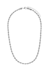 Zilveren gedraaide touwketting met lobster sluiting en verstelbare verlengketting op een witte achtergrond.