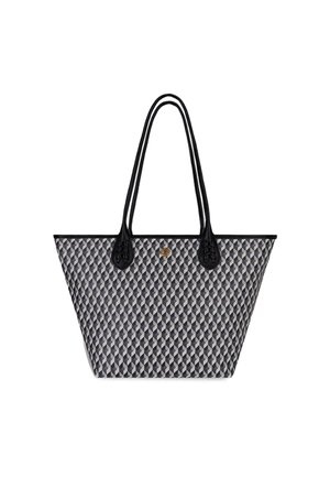 Woven tote bag with a geometric pattern in gray and cream, featuring black handles and decorative details at the base of the handles.