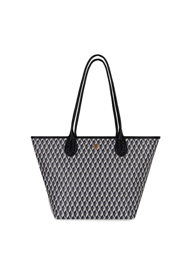 Borsa a tracolla intrecciata con un motivo geometrico in grigio e crema, con manici neri e dettagli decorativi alla base dei manici.