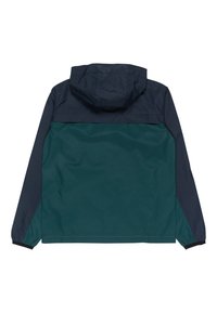 Giacca impermeabile con cappuccio e maniche di un blu navy scuro, caratterizzata da un corpo color turquoise. Polsini elastici e design semplice senza hardware visibile.