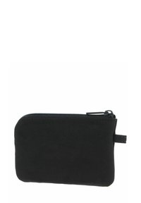 Black zippered wallet made of smooth fabric. Compact rectangular shape with a small loop for easy carrying. Minimalist design, no patterns.