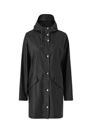 Zwarte waterdichte jas met een capuchon, drukknoopsluitingen, twee vo zakken en verstelbare trekkoorden voor de kap en taille.