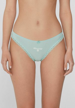 Light blue panties with lace trim, featuring a small bow and the word "Blooming" printed in white. Smooth texture with a classic design.