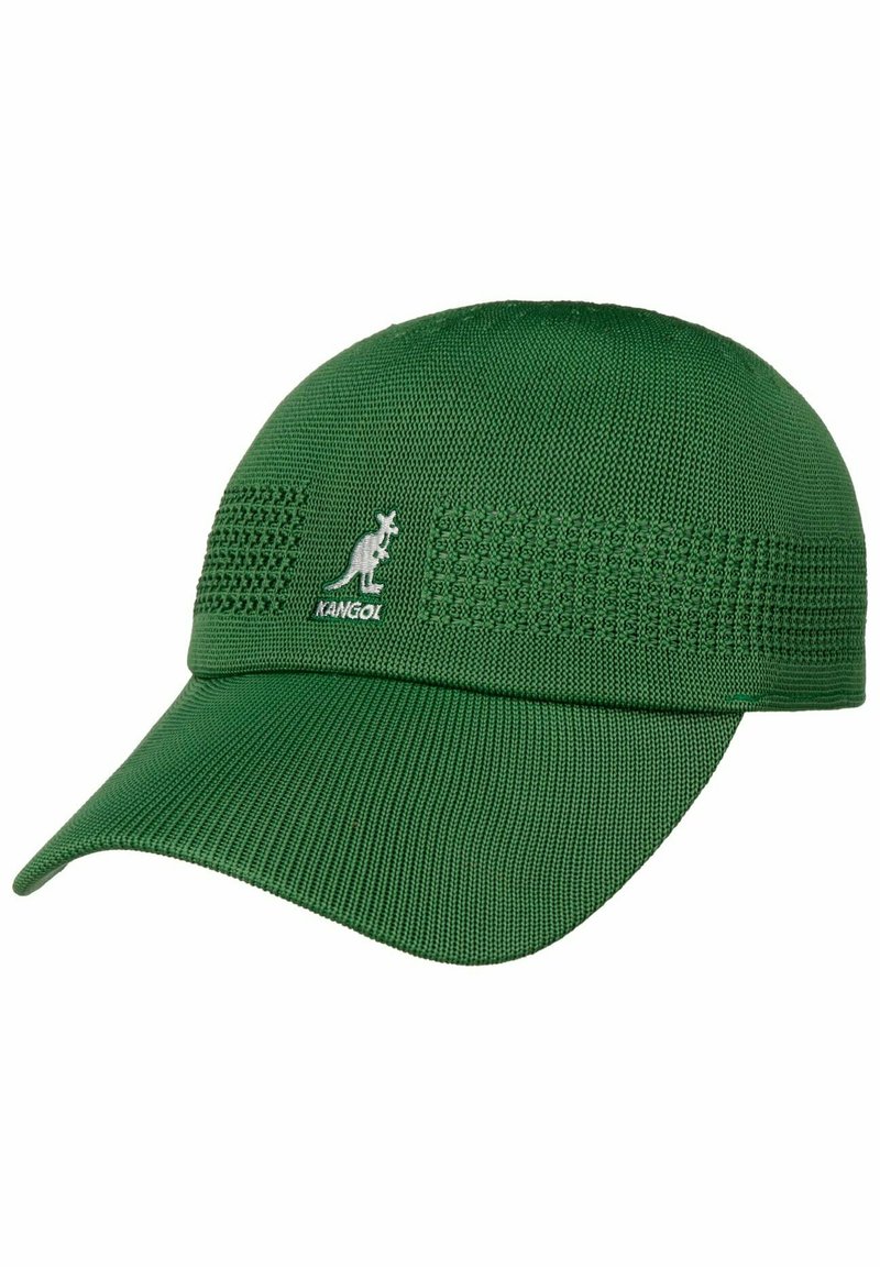 Green knit cap with a curved brim, featuring textured design, a logo of a kangaroo, and a breathable band for comfort.