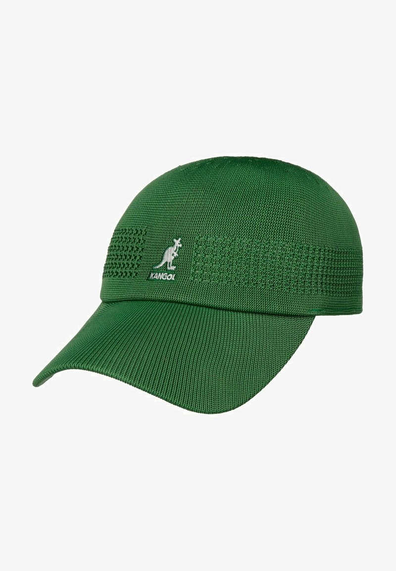 Green knit cap with a curved brim, featuring textured design, a logo of a kangaroo, and a breathable band for comfort.
