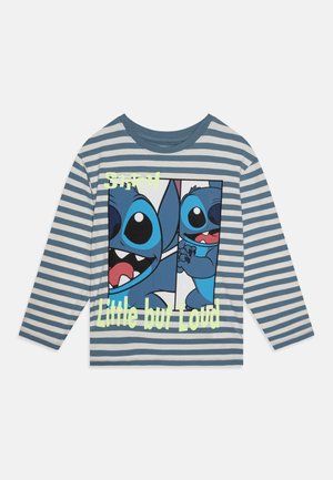 Long-sleeve striped t-shirt in blue and gray with a graphic of an animated character and text "Stitch! Little but Loud" in bright green.