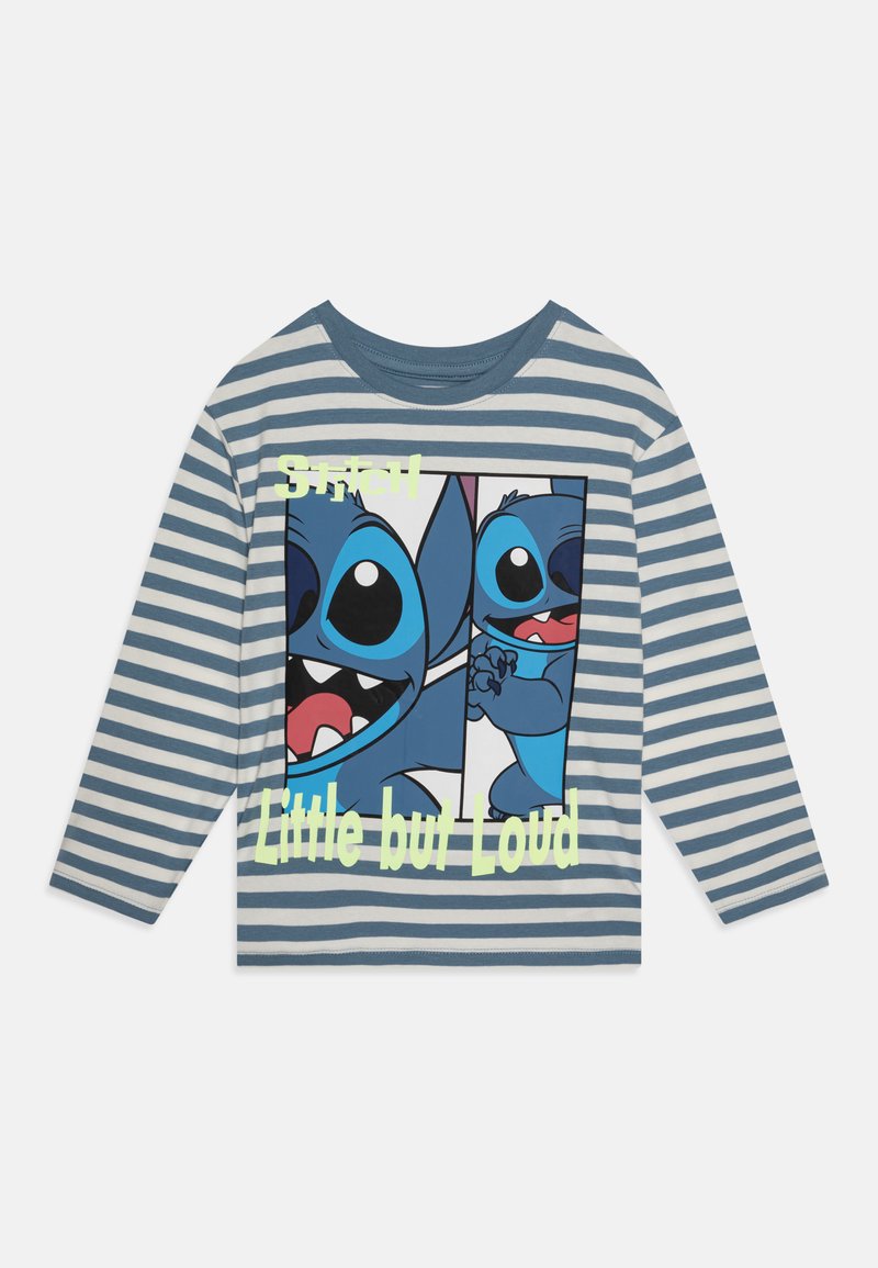 Kék és szürke csíkos, hosszú ujjú póló, animált figura grafikájával és "Stitch! Kicsi, de Hangos" felirattal élénk zöld színben.