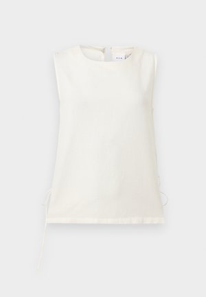 Biely blúz bez rukávov s okrúhlym výstrihom a bočnými šnúrkami, vyrobený z hladkej látky, zobrazený na jednoduchom svetlom pozadí.