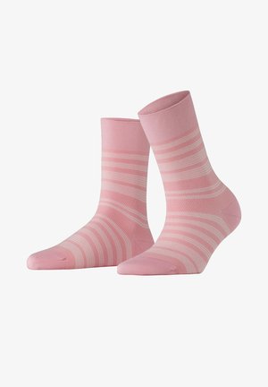 Pink cotton socks featuring light and dark pink horizontal stripes, mid-calf length, textured knit, and reinforced toe and heel areas.