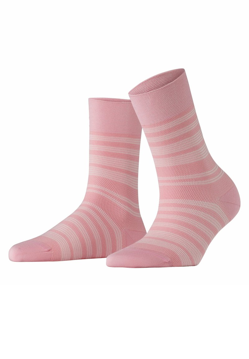 Rosa Baumwollsocken mit hellen und dunklen rosa horizontalen Streifen, knielang, strukturiertem Strick und verstärkten Zehen- und Fersenbereichen.
