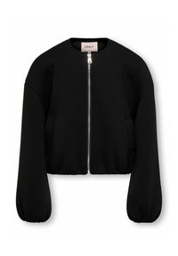 Sweatshirt noir court avec un col rond, une fermeture éclair argentée et des manches larges. Dispose de poches avant et d'une texture lisse.