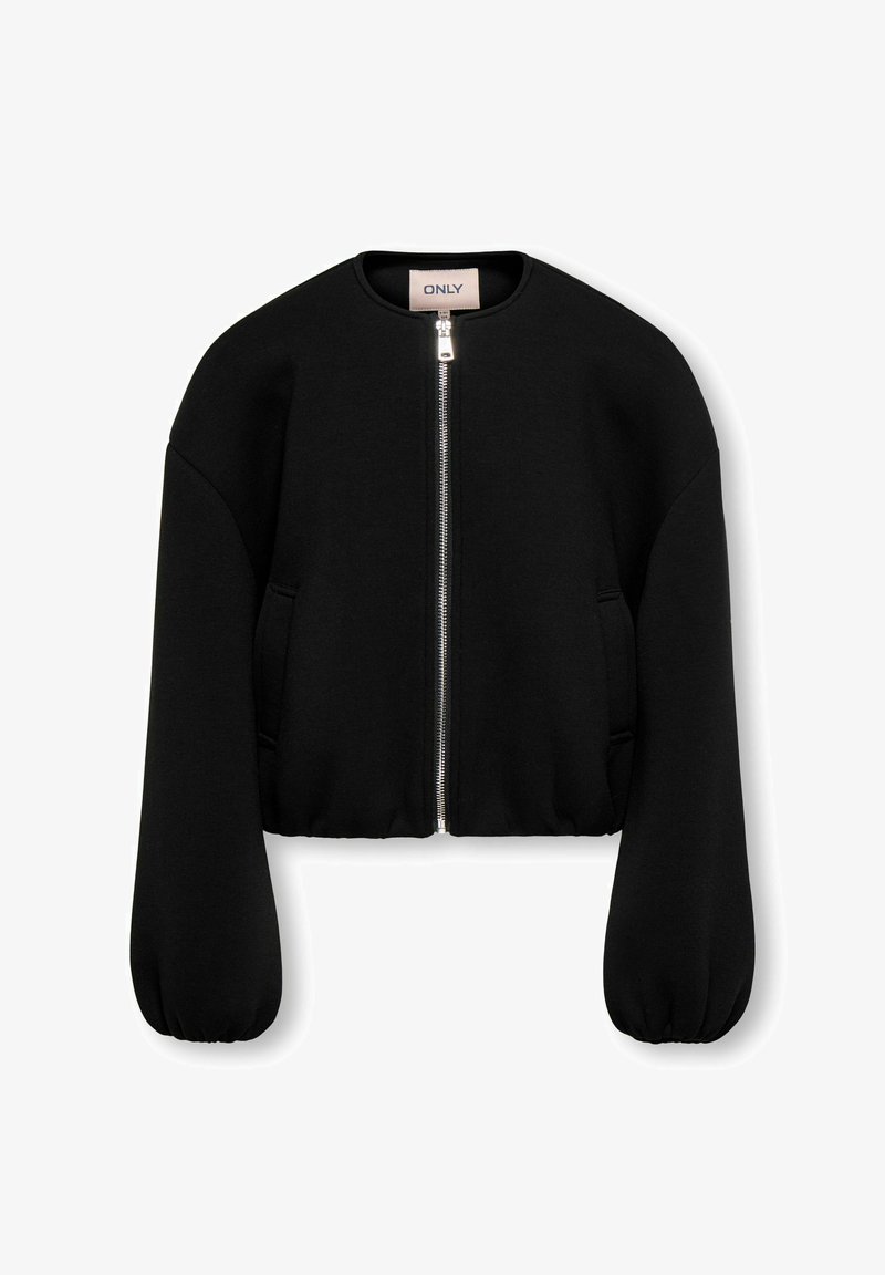 Sweatshirt noir court avec un col rond, une fermeture éclair argentée et des manches larges. Dispose de poches avant et d'une texture lisse.