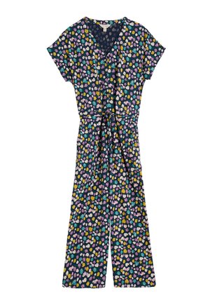 Navy jumpsuit with short sleeves, V-neck, tie waist, and a colorful floral pattern in pink, yellow, green, and white on a dark background.