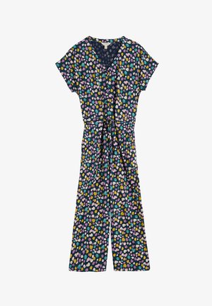 Jūrinis kombinezonas su trumpomis rankovėmis, V formos iškirpte, su juosmens raišteliu, ir ryškia gėlių raštą rožinėje, geltonoje, žalioje ir baltoje spalvose tamsiame fone.