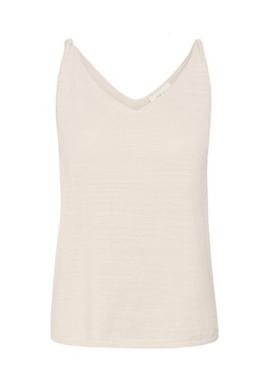 Bezruký béžový pletený tank top s výstrihom do V a jemnou rebrovanou štruktúrou, navrhnutý na bežné nosenie alebo vrstvenie.