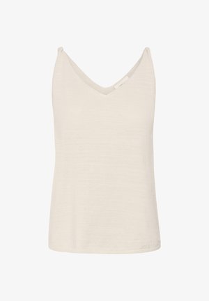 Bezruký béžový pletený tank top s výstrihom do V a jemnou rebrovanou štruktúrou, navrhnutý na bežné nosenie alebo vrstvenie.