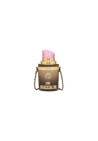 Runde braune Handtasche mit goldenen Akzenten und einem rosa oberen Teil. Verfügt über einen Kettenriemen und ein Logo-Design "PINK BRACCIALINI". Strukturiertes Finish.