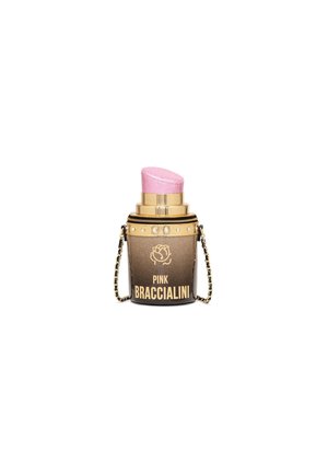 Runde braune Handtasche mit goldenen Akzenten und einem rosa oberen Teil. Verfügt über einen Kettenriemen und ein Logo-Design "PINK BRACCIALINI". Strukturiertes Finish.