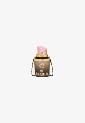 Round brown handbag with gold accents and a pink top. Features a chain strap and a logo design "PINK BRACCIALINI". Textured finish.