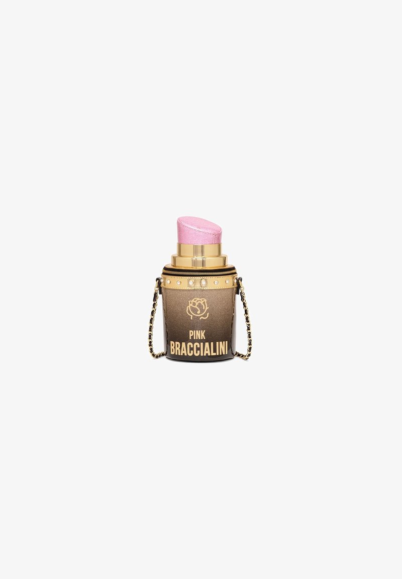 Runde braune Handtasche mit goldenen Akzenten und einem rosa oberen Teil. Verfügt über einen Kettenriemen und ein Logo-Design "PINK BRACCIALINI". Strukturiertes Finish.