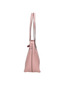 Borsa a mano in pelle rosa con forma svasata, caratterizzata da cuciture a contrasto e due manici per la spalla. Chiusura superiore con dettaglio a zip.